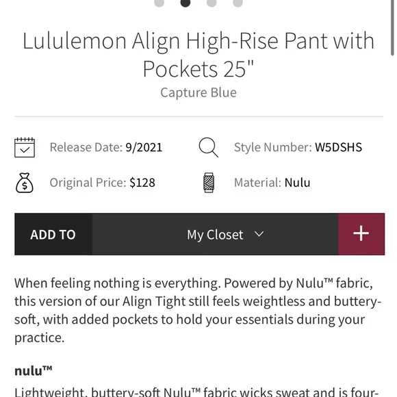 Lululemon Align HR Pant with Pockets 25” Sz4 Capture Blue